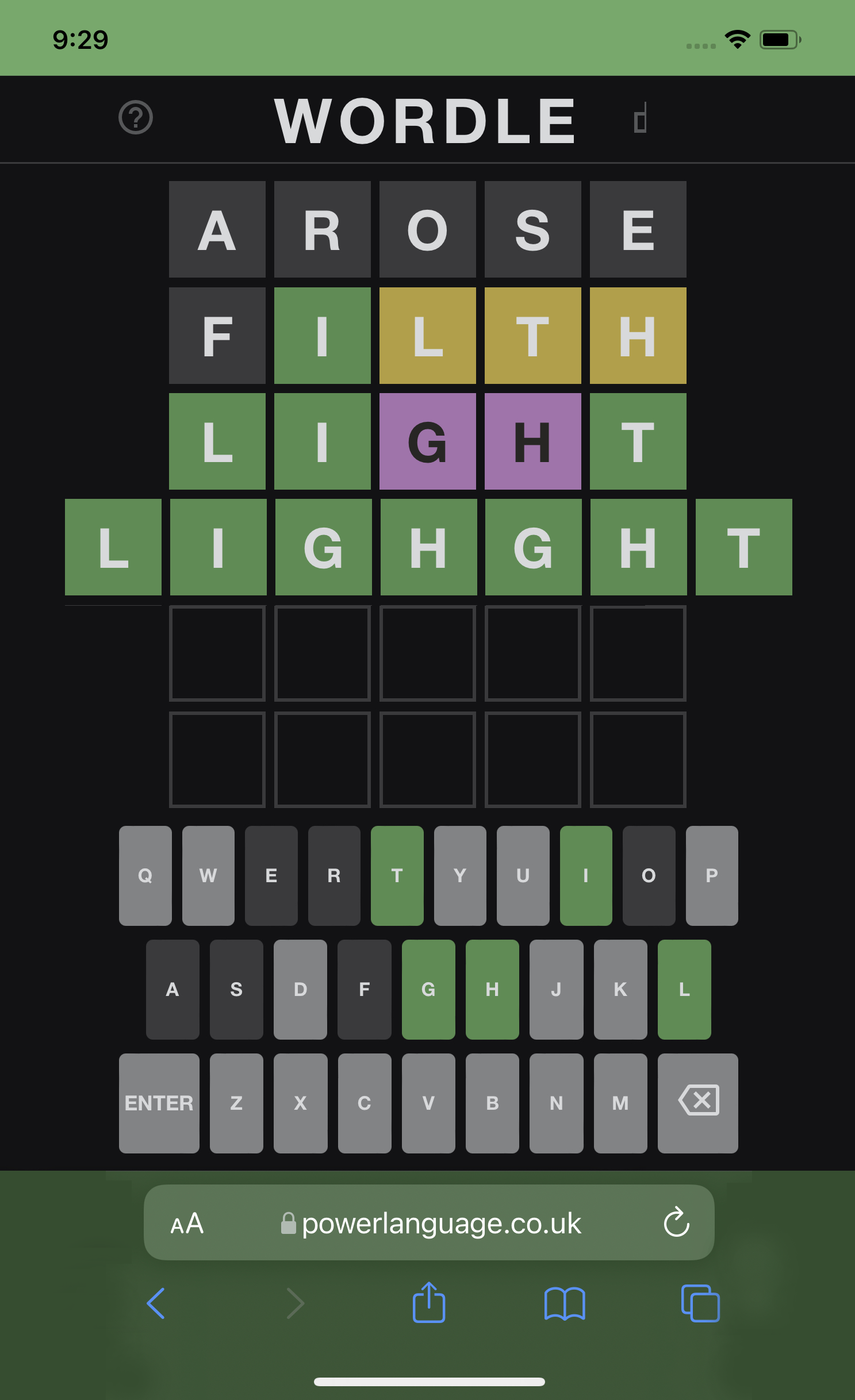 screenshot of Wordle reimagined as a seven letter game for the inclusion of lighght